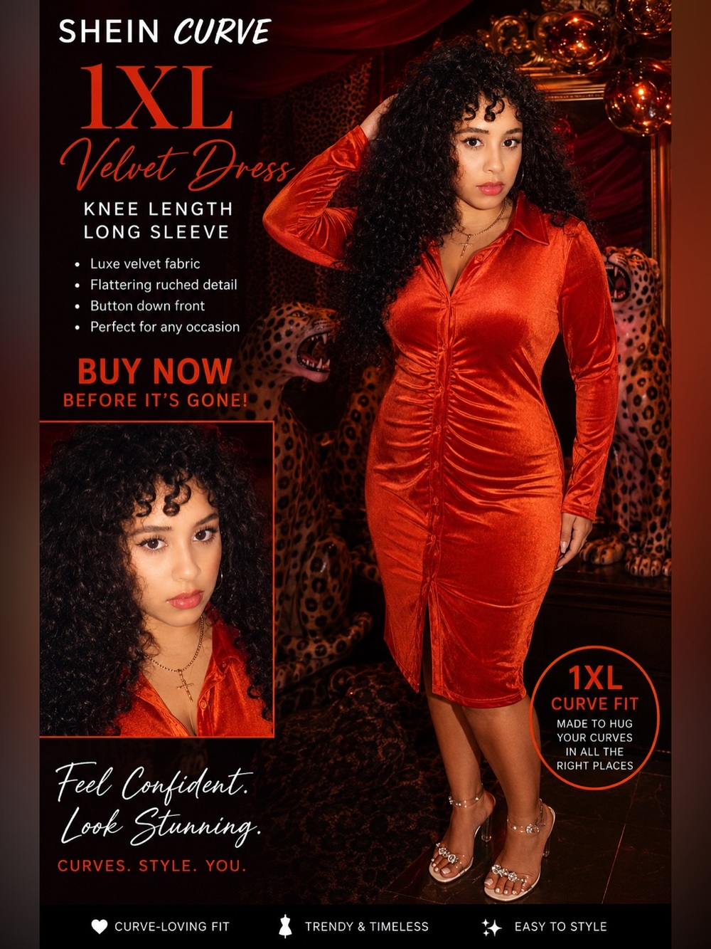 Macy's Red Long-Sleeve Satin Midi Dress